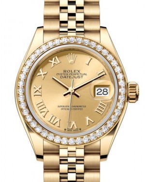 Rolex Lady Datejust 28 Yellow Gold Champagne Roman Dial & Diamond Bezel Jubilee Bracelet 279138RBR - BRAND NEW