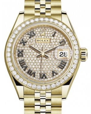 Rolex Lady Datejust 28 Yellow Gold Diamond Paved Roman Dial & Diamond Bezel Jubilee Bracelet 279138RBR - BRAND NEW