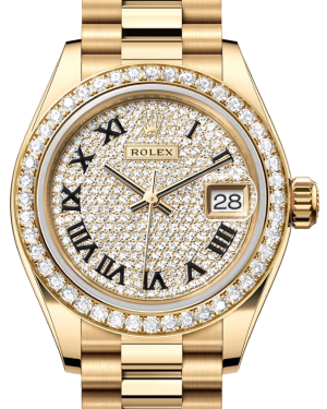 Rolex Lady Datejust 28 Yellow Gold Diamond Paved Roman Dial & Diamond Bezel President Bracelet 279138RBR - BRAND NEW