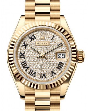 Rolex Lady Datejust 28 Yellow Gold Diamond Paved Roman Dial & Fluted Bezel President Bracelet 279178 - BRAND NEW