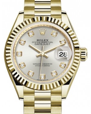 Rolex Lady Datejust 28 Yellow Gold Silver Diamond Dial & Fluted Bezel President Bracelet 279178 - BRAND NEW