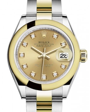Rolex Lady Datejust 28 Yellow Gold/Steel Champagne Diamond Dial & Smooth Domed Bezel Oyster Bracelet 279163 - BRAND NEW
