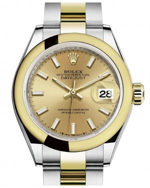 Rolex Lady Datejust 28 Yellow Gold/Steel Champagne Index Dial & Smooth Domed Bezel Oyster Bracelet 279163 - BRAND NEW