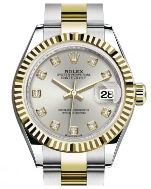 Rolex Lady Datejust 28 Yellow Gold/Steel Silver Diamond Dial & Fluted Bezel Oyster Bracelet 279173 - BRAND NEW