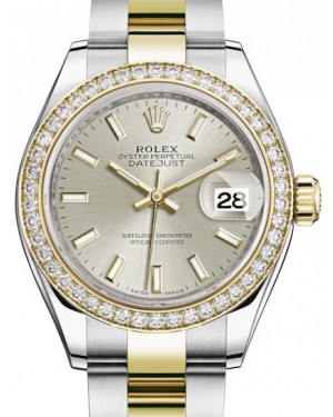 Rolex Lady Datejust 28 Yellow Gold/Steel Silver Index Dial & Diamond Bezel Oyster Bracelet 279383RBR - BRAND NEW