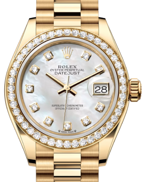 Rolex Lady Datejust 28 Yellow Gold White Mother of Pearl Diamond Dial & Diamond Bezel President Bracelet 279138RBR - BRAND NEW