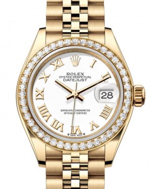 Rolex Lady Datejust 28 Yellow Gold White Roman Dial & Diamond Bezel Jubilee Bracelet 279138RBR - BRAND NEW