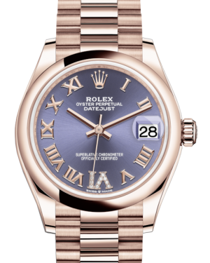 Rolex Lady-Datejust 31 Rose Gold Aubergine Roman Diamond VI Dial & Smooth Domed Bezel President Bracelet 278245 - BRAND NEW