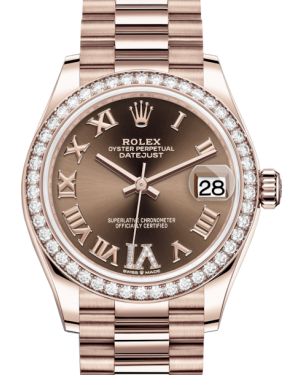 Rolex Lady-Datejust 31 Rose Gold Chocolate Roman Diamond VI Dial & Diamond Bezel President Bracelet 278285RBR - BRAND NEW