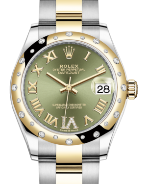 Rolex Lady-Datejust 31 Yellow Gold/Steel Olive Green Roman Diamond VI Dial & Domed Set with Diamonds Bezel Oyster Bracelet 278343RBR - BRAND NEW