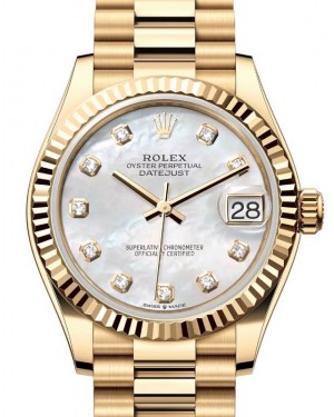 Rolex Lady-Datejust 31 Yellow Gold White Mother of Pearl Diamond Dial & Fluted Bezel President Bracelet 278278 - BRAND NEW