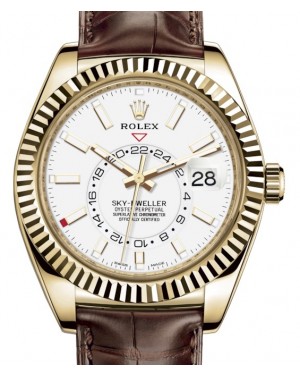 Rolex Sky-Dweller Yellow Gold White Index Dial Fluted Bezel Leather Strap 326138 - BRAND NEW