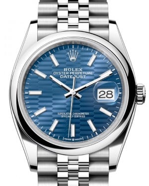 Rolex Datejust 36 Stainless Steel Bright Blue Fluted Motif Index Dial Domed Bezel Jubilee Bracelet 126200 - BRAND NEW