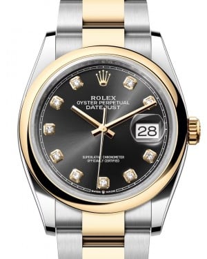 Rolex Datejust 36 Yellow Gold/Steel Bright Black Diamond Dial & Smooth Domed Bezel Oyster Bracelet 126203 - BRAND NEW