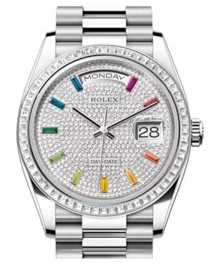 Rolex Day-Date 36 Platinum Diamond Paved Rainbow Sapphires Dial & Diamond Bezel President Bracelet 128396TBR - BRAND NEW