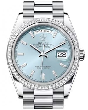 Rolex Day-Date 36 Platinum Ice Blue Diamond Dial & Diamond Bezel President Bracelet 128396TBR - BRAND NEW