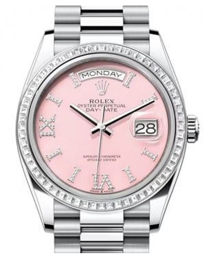 Rolex Day-Date 36 Platinum Pink Opal Diamond Roman VI IX Dial & Diamond Bezel President Bracelet 128396TBR - BRAND NEW