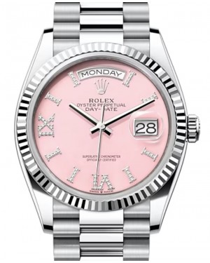 Rolex Day-Date 36 Platinum Pink Opal Diamond Roman Vi IX Dial & Fluted Bezel President Bracelet 128236 - BRAND NEW