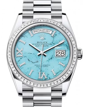 Rolex Day-Date 36 President Platinum Turquoise "Tiffany" Dial Baguette Diamond Bezel 128396TBR - BRAND NEW