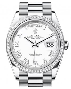 Rolex Day-Date 36 Platinum White Roman Dial & Diamond Bezel President Bracelet 128396TBR - BRAND NEW