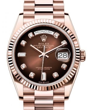 Rolex Day-Date 36 President Rose Gold Brown Ombre Diamond Dial Fluted Bezel 128235 - BRAND NEW