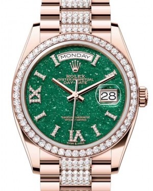 Rolex Day-Date 36 President Rose Gold Green Aventurine Dial Diamond Bezel & Bracelet 128345RBR - BRAND NEW