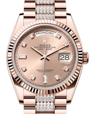 Rolex Day-Date 36 President Rose Gold Rose Dial Fluted Bezel Diamond Bracelet 128235 - BRAND NEW