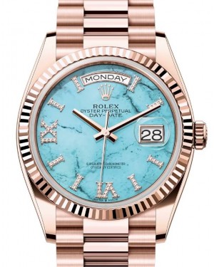 Rolex Day-Date 36 President Rose Gold Turquoise "Tiffany" Diamond Dial Fluted Bezel 128235 - BRAND NEW