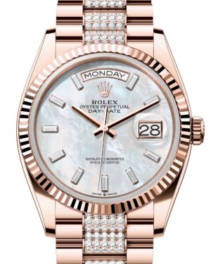 Rolex Day-Date 36 President Rose Gold White Mother of Pearl Baguette Dial Fluted Bezel Diamond Set Bracelet 128235