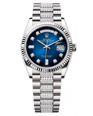 Rolex Day-Date 36 President White Gold Blue Ombre Dial Fluted Bezel Diamond Set Bracelet 128239