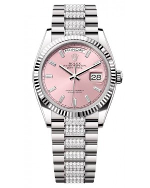 Rolex Day-Date 36 President White Gold Pink Dial Fluted Bezel Diamond Set Bracelet 128239