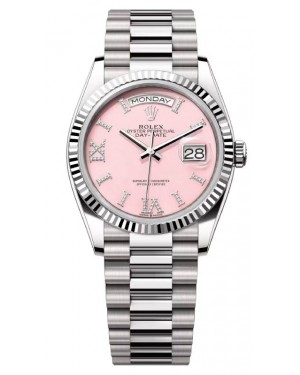 Rolex Day-Date 36 President White Gold Pink Opal Diamond Dial Fluted Bezel 128239
