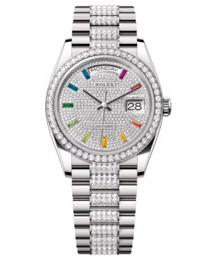 Rolex Day-Date 36 President White Gold Rainbow Colored Sapphires Dial Diamond Bezel & Bracelet 128349RBR