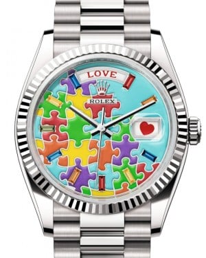 Rolex Day-Date 36 President White Gold Jigsaw Emoji Puzzle Dial 128239 - BRAND NEW