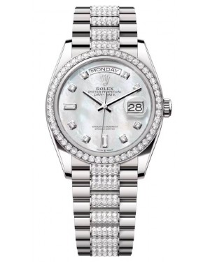Rolex Day-Date 36 President White Gold White Mother of Pearl Diamond Bezel & Bracelet 128349RBR