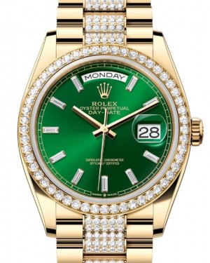 Rolex Day-Date 36 President Yellow Gold Bright Green Diamond Bezel & Bracelet 128348RBR