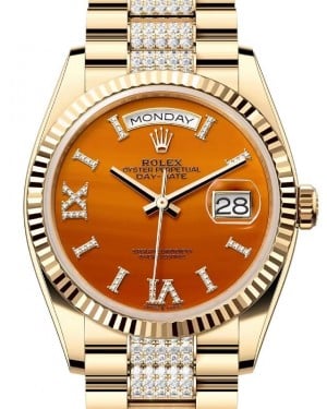 Rolex Day-Date 36 President Yellow Gold Carnelian Orange Dial Diamond Bracelet 128238 - BRAND NEW