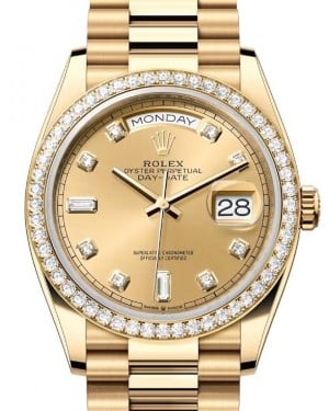 Rolex Day-Date 36 President Yellow Gold Champagne Dial Diamond Bezel 128348RBR - BRAND NEW