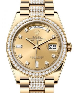 Rolex Day-Date 36 President Yellow Gold Champagne Dial Diamond Bezel & Bracelet 128348RBR - BRAND NEW