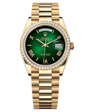 Rolex Day-Date 36 President Yellow Gold Green Ombre Index/Roman Dial Diamond Bezel 128348RBR