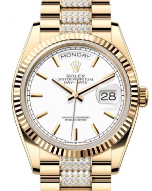 Rolex Day-Date 36 President Yellow Gold White Index Dial Diamond Bracelet 128238 - BRAND NEW