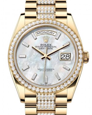 Rolex Day-Date 36 President Yellow Gold White Mother of Pearl Baguette Dial Diamond Bezel & Bracelet 128348RBR