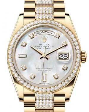Rolex Day-Date 36 President Yellow Gold White Mother of Pearl Dial Diamond Bezel & Bracelet 128348RBR - BRAND NEW