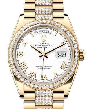 Rolex Day-Date 36 President Yellow Gold White Roman Dial Diamond Bezel & Bracelet 128348RBR - BRAND NEW