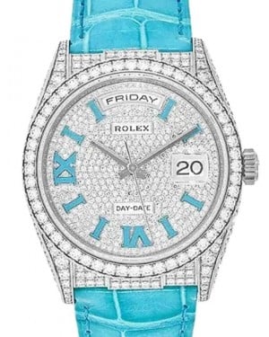 Rolex Day-Date 36 White Gold Diamond Paved Dial & Bezel Turquoise "Tiffany" Strap 128159RBR