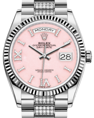 Rolex Day-Date 36 White Gold Pink Opal Diamond Dial & Diamond Bezel President Bracelet 128239 - BRAND NEW