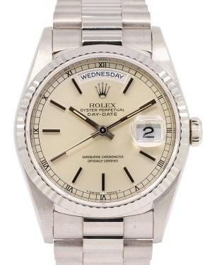 Rolex Day-Date 36 White Gold Silver Index Dial & Fluted Bezel President Bracelet 18239 - PRE-OWNED