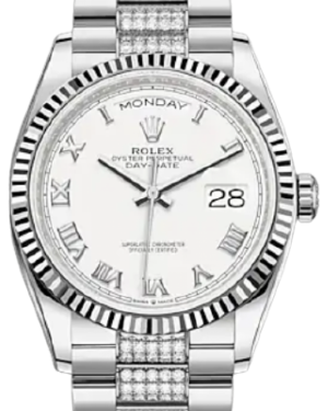 Rolex Day-Date 36 White Gold White Roman Dial & Fluted Bezel Diamond Set President Bracelet 128239 - BRAND NEW