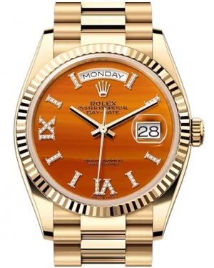 Rolex Day-Date 36 Yellow Gold Carnelian Orange Diamond Roman VI IX Dial & Fluted Bezel President Bracelet 128238 - BRAND NEW