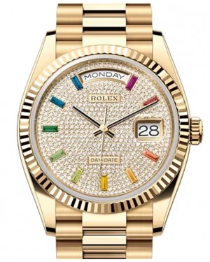 Rolex Day-Date 36 Yellow Gold Diamond Paved Rainbow Colored Sapphires Dial & Fluted Bezel President Bracelet 128238 - BRAND NEW